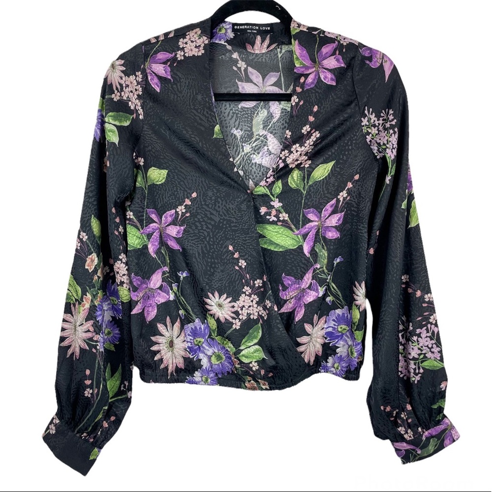 Revolve Generation Love Black Floral Silk Wrap Top Long Sleeve Sz Small